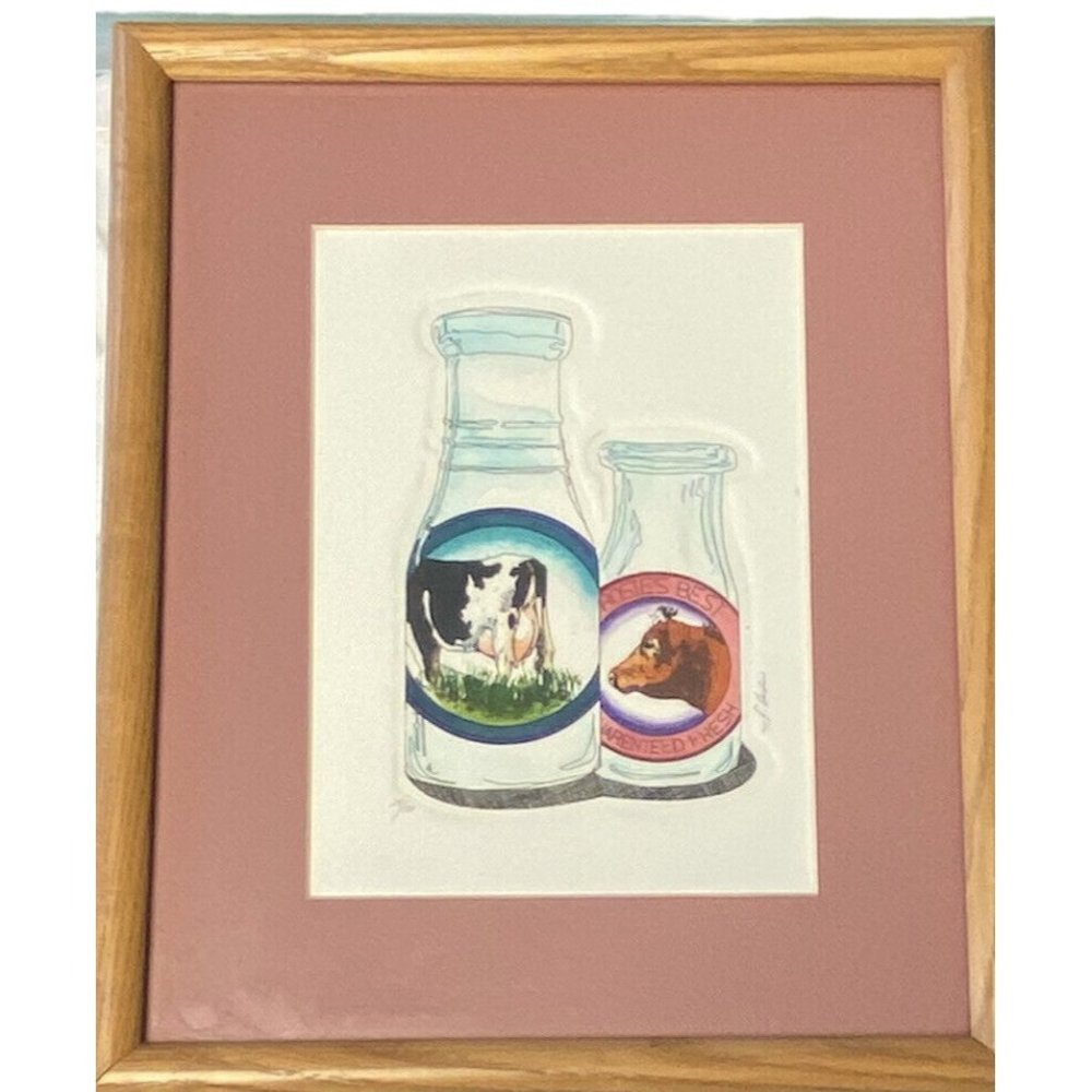 Darlene Hardie Cow Milk Bottle Etching Print Colored Framed Signed Farmhouse